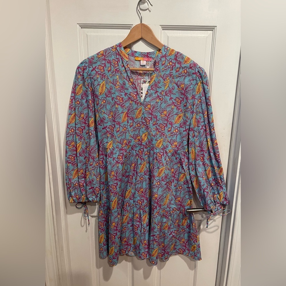 Briton Court Blue and Pink Casual Sundress with Bishop Sleeves XS